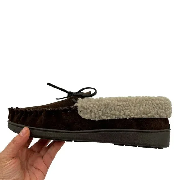 Minnetonka Mens Moccasin Slippers Size 10 Chocolate Suede Upper Faux Fur Lining - Picture 12 of 16